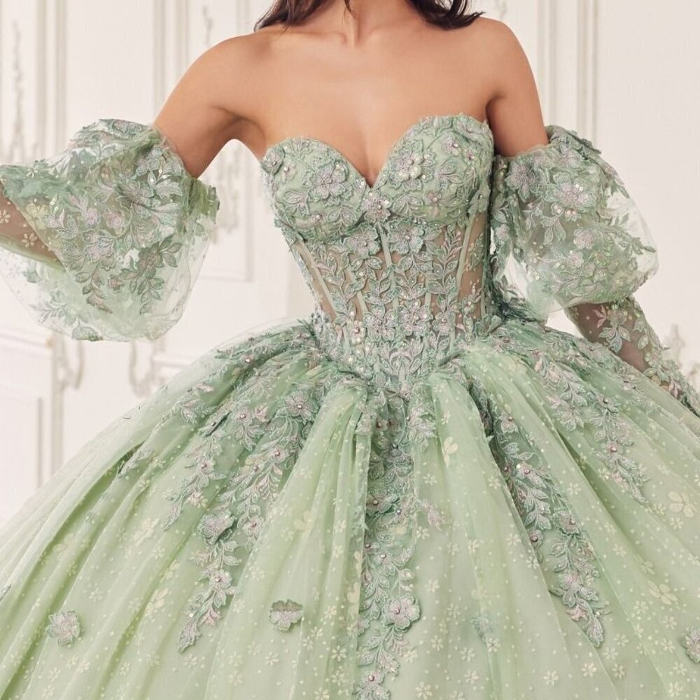 N/A NEW LONG QUINCEANERA MAXI TULLE BALL GOWN W/ REMOVABLE PUFF SLEEVES CD 15722 - Picture 5 of 12